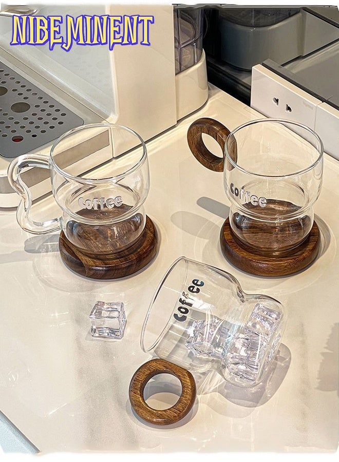 NIBEMINENT كوب قهوة زجاجي 1 قطعة مع مقبض خشب الجوز saucer، كوب قهوة شفاف عتيق وكوب ماء، كوب أنيق للمكتب، مثالي لشرب الماء، القهوة، العصير، أو المشروبات الباردة في المنزل، 260 مل - Image 4